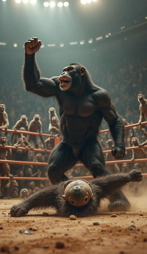 (RAW photo of a Neanderthals:1) , (hyper realistic:1.4), (Neanderthal man:1.4),transformation,(half gorilla mix :1), tall, bulky,hulk body, chubby, (very muscular:2), (hairy body:1.5),(detail face:1.1), tan skin, thick arms, (veiny arms:1.1), (bloated gut:1.5),(wearing underwear:1.1), thick legs, rounded pecs, (big arms:1.1), veiny arms, dark brown skin, (wrestling another skinny guy on a stage:1.1) ,angry, hdr, photorealistic
masterpiece, cinematic, best quality, sharp focus,