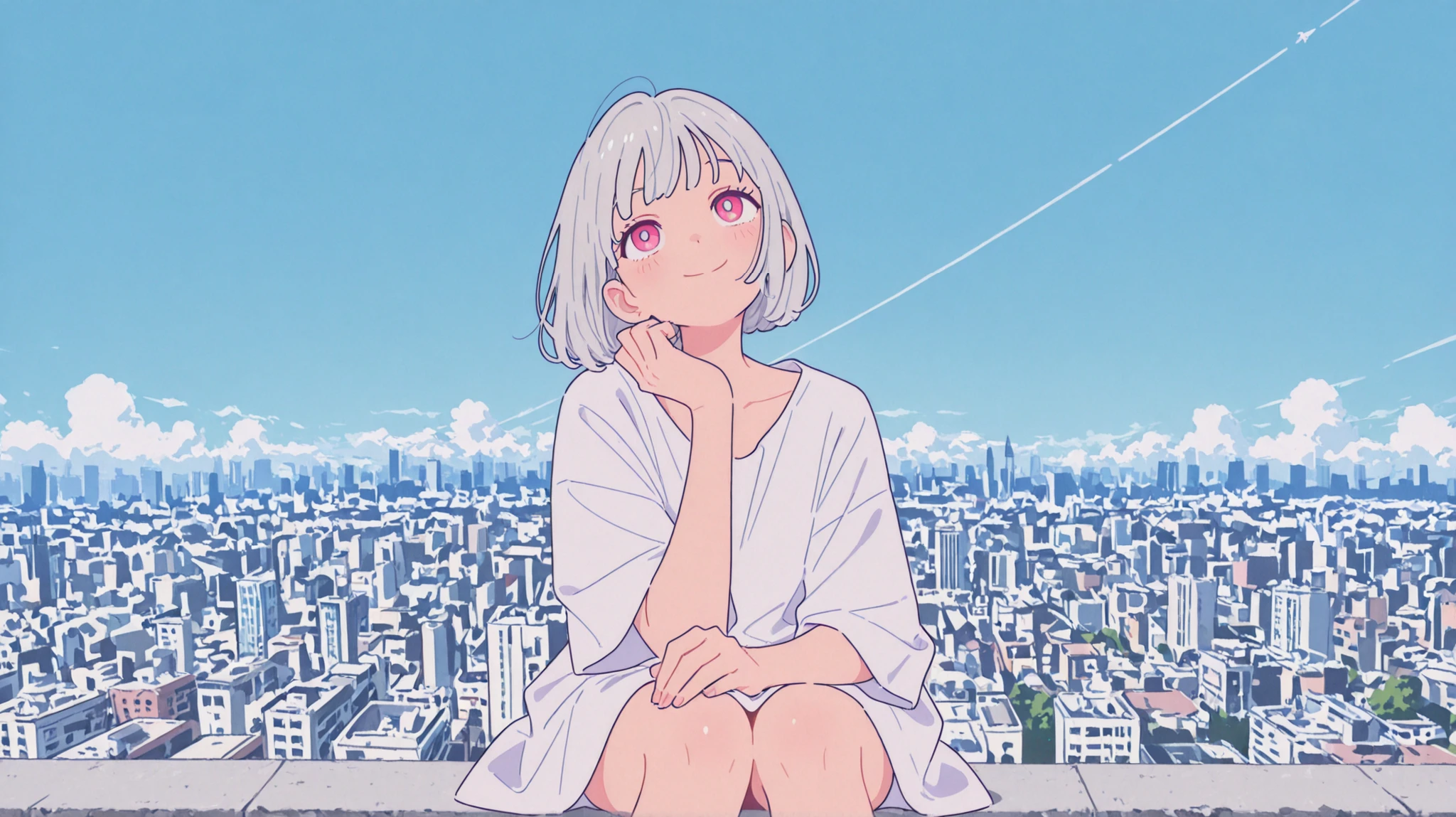 masterpiece,Highest Quality,great quality,very aesthetic,dressed casually, newest, anime coloring, 2D, anime style,
1 girl, solo, Silver Hair, very short hair, pink eyes, Sitting on the roof, Looking up at the sky, smile, (Paris Skyline:1.1), blue sky, (High Angle:1.2), Raise your hand towards here, flatline , flat vector illustration, flat color, shiny skin,