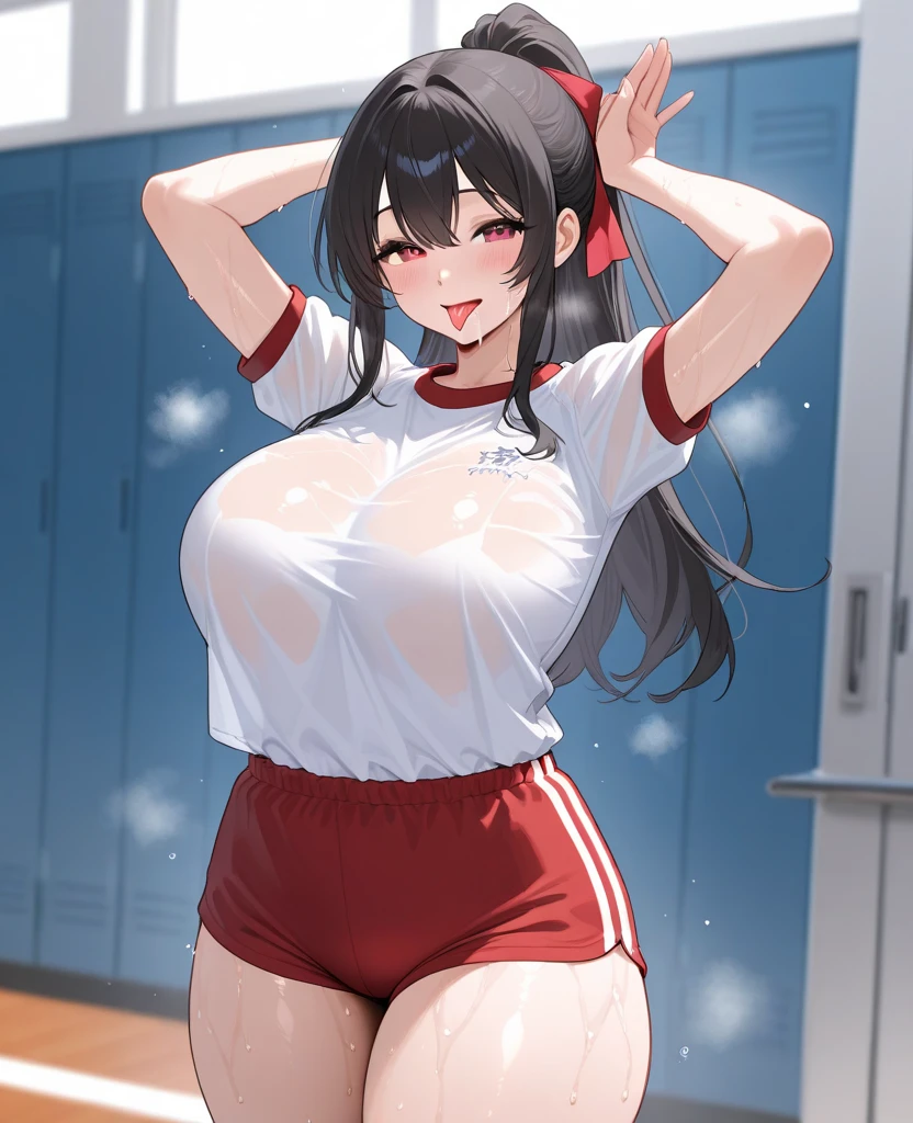 Very detailed, (Ultra-high resolution,8k), (Perfect Anatomy,Anatomically correct), (Big Breasts), (White gym clothes, Short sleeve, Red Bloomers), Hide the navel, (Five Girls:1.4), pretty girl, brm, High-quality facial beauty, ((Surprise in front of the locker)), ((Change of clothes)), (Accurate changing room), (Photorealistic), Shiny skin, Fine skin