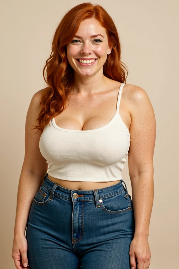 Full body shot of a lean muscular female college girl with large breasts and a large butt, a buzz cut, pale skin, freckles and blue eyes and no makeup wearing tight jeans, a white t shirt and a red unbuttoned flannel in a bar trying to look intimidating