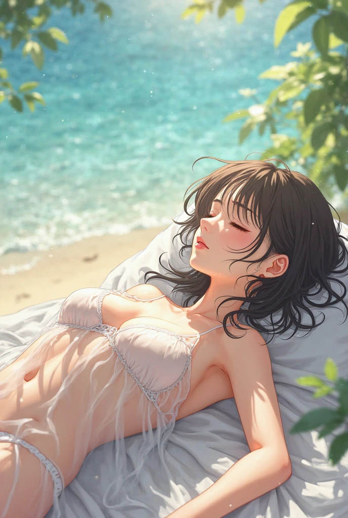 (perfect seductive young woman Sleeping on a Beach:1.3) dreamlike beach under a starlit sky, the gentle sound of waves harmonizing with the whisper of the night breeze, creating a cocoon of tranquility.