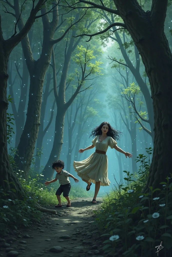 A kid (boy) is secretly following the witch (women) behind the tress