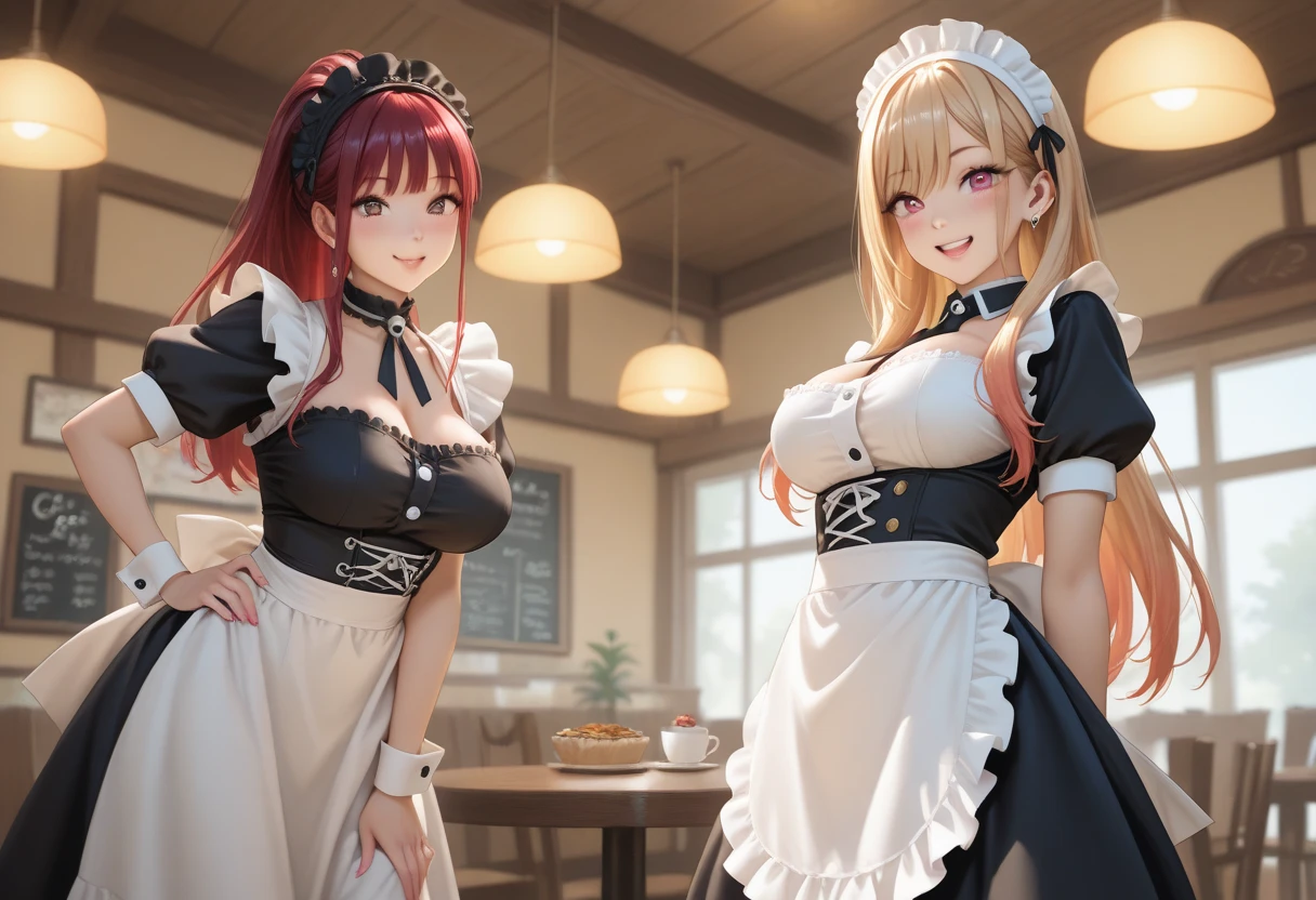 ((1 girls), solo, clevage, Big round breasts, trendy, stylish, clevage, thighs, hips, realistic, pink hair, blonde hair, light green eyes, lip gloss, detailed face, amazing big eyes, eye details, big lips, eyebrow details, blush, smirk, naughty, mischevious face, HD, good quality, thick thighs, attractive, kitchen, breakfast