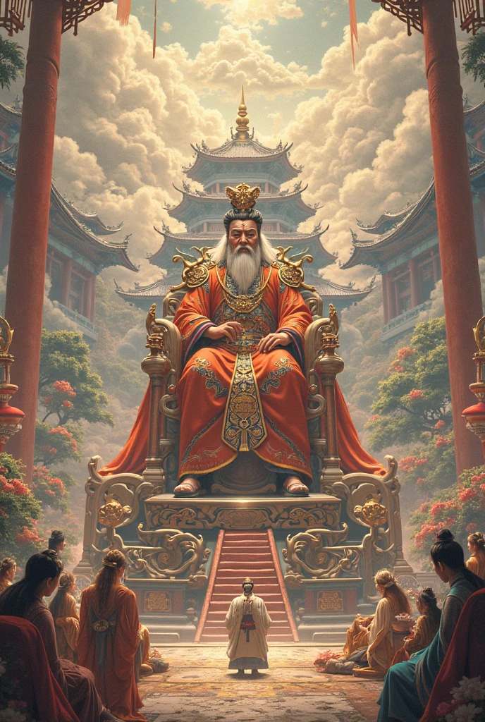 an ancient chinese god emperor sit on throne, one hand in front of another hand, good looking man with beard, long big ears, One hand in front of the other