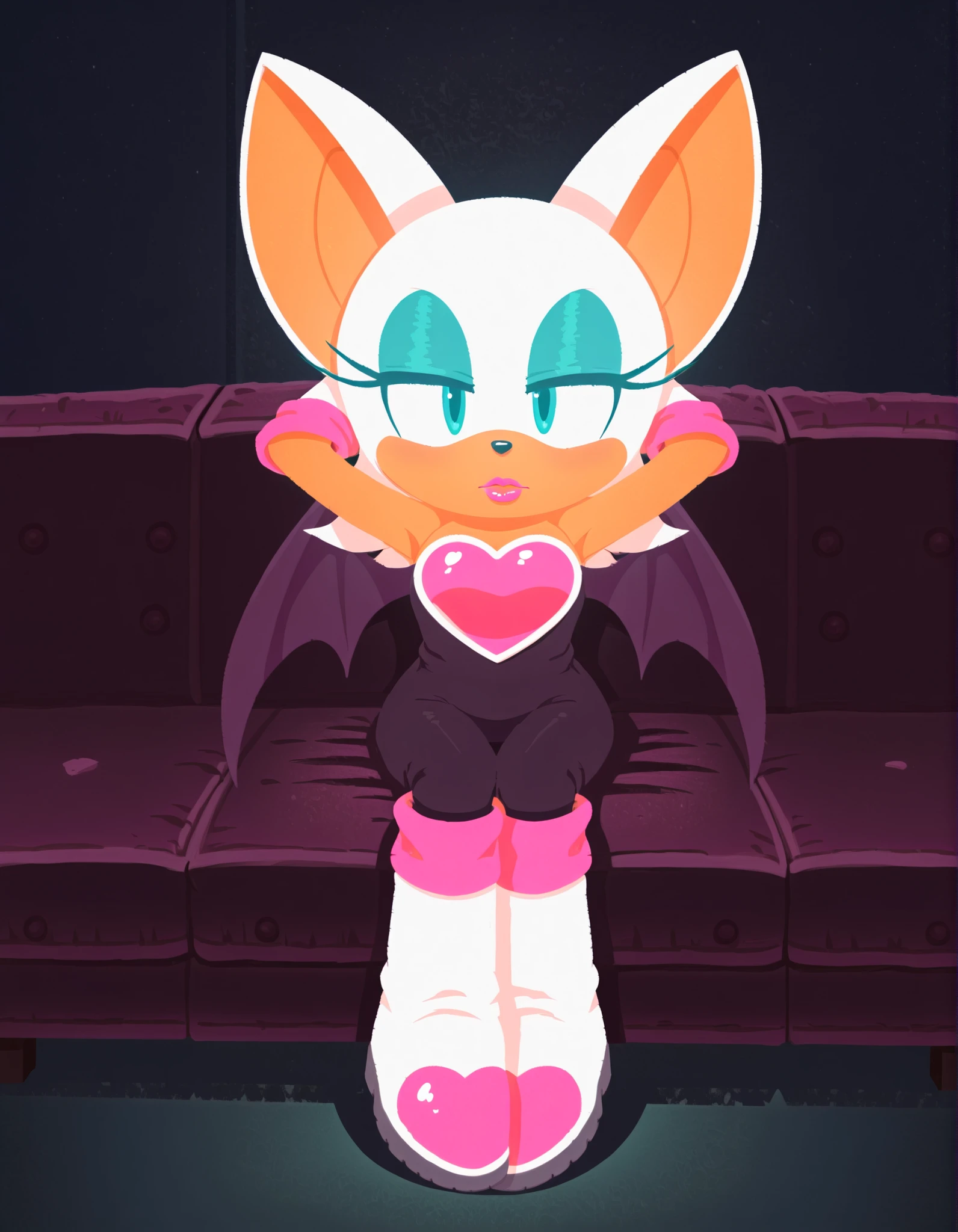 sonicchann3l, pencilsc, sonic (series),, solo, rouge the bat, furry female, white-pink gloves, black jumpsuit, bat wings, teal eyes, pink-heart chestplate, lipstick, pink socks, white boots, sitting, sofa, relaxed, hands behind head,
BREAK
dark background, dynamic background,