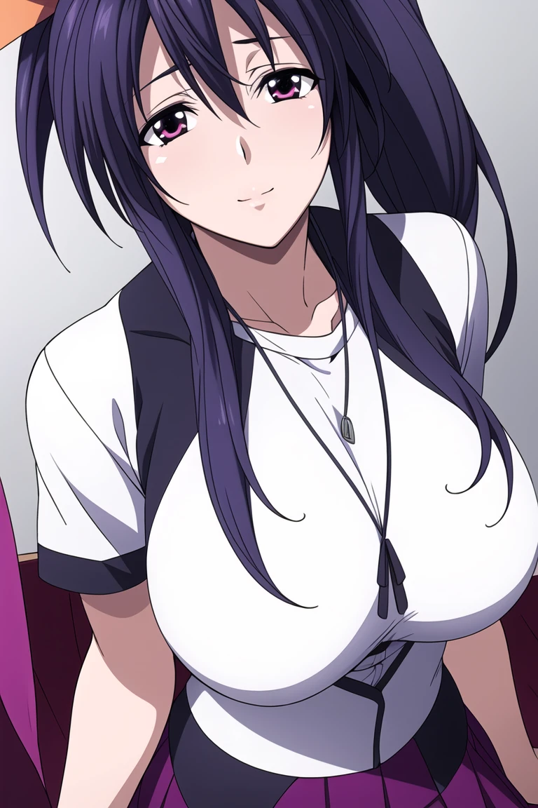SFW, ((black grey skin Drow)), (gigantic breasts), firm breasts , tall girl, slim waist, curvy figure, arms behind back, (((purple_hair, long_pigtails))), ((red_eyes)), ((gym clothes))