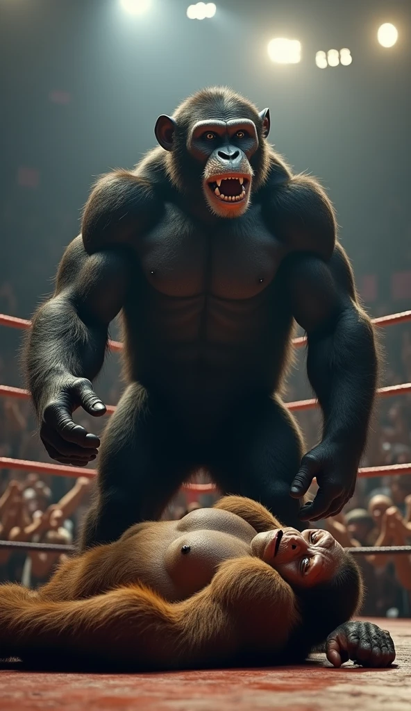 A giant King Kong wearing pit gloves takes on a brave man in an epic fight. The ring is lit up by an intense spotlight and the surrounding crowd is ecstatic.