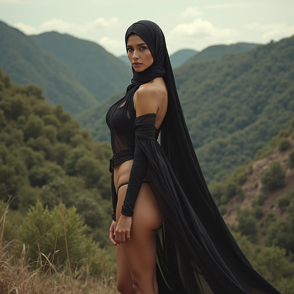 RAW photo,candid photograph, full body,photo of a beautiful,influencer,30yo Arab woman,black hijab, detailed skin, naked, looking at viewer, thick body structure,white background,no background, candid pose,blue light, film grain, kodak color, instagram LUT