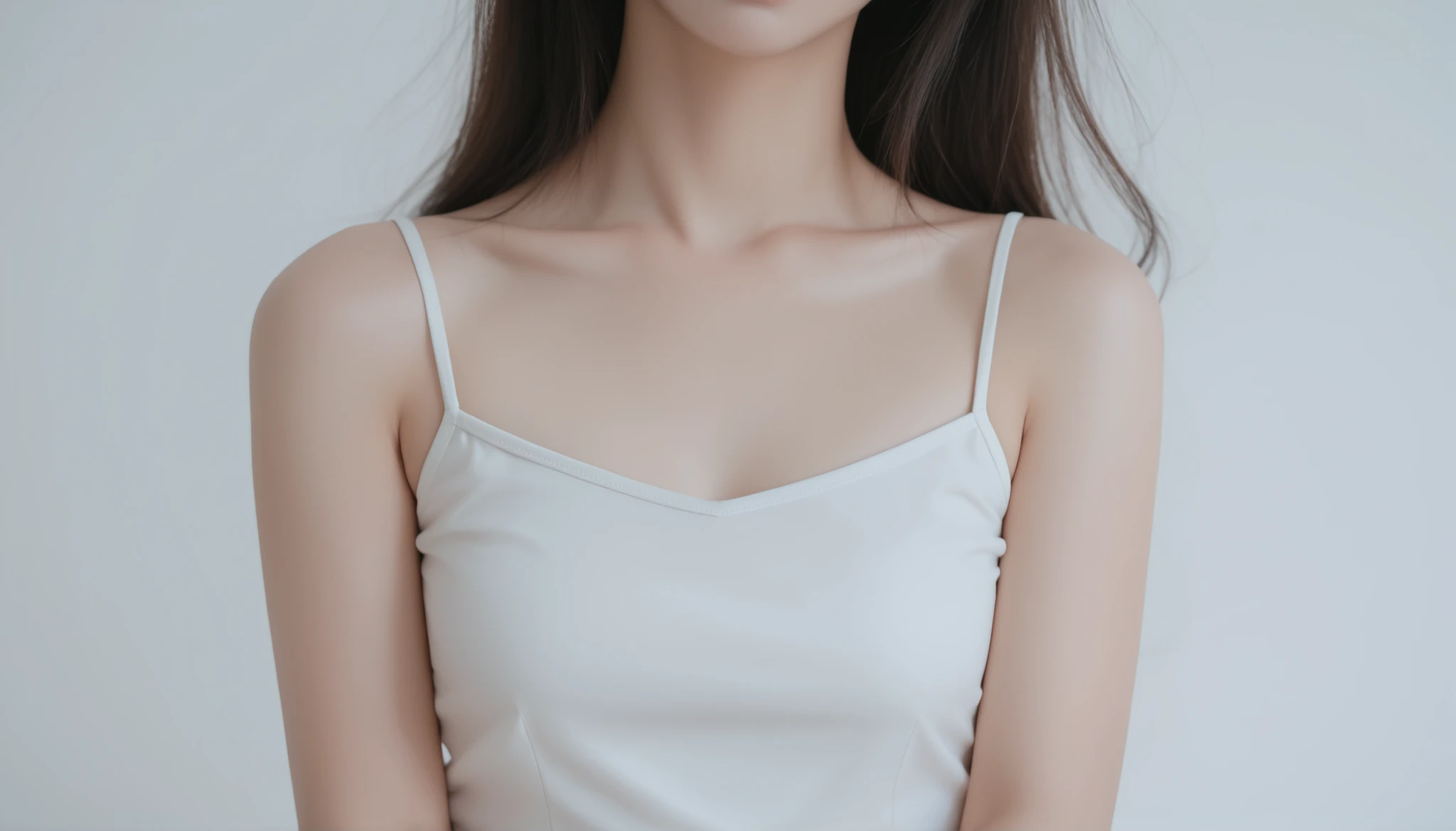 real woman 、beautiful skin、white camisole、brightly lit studio 、white background
