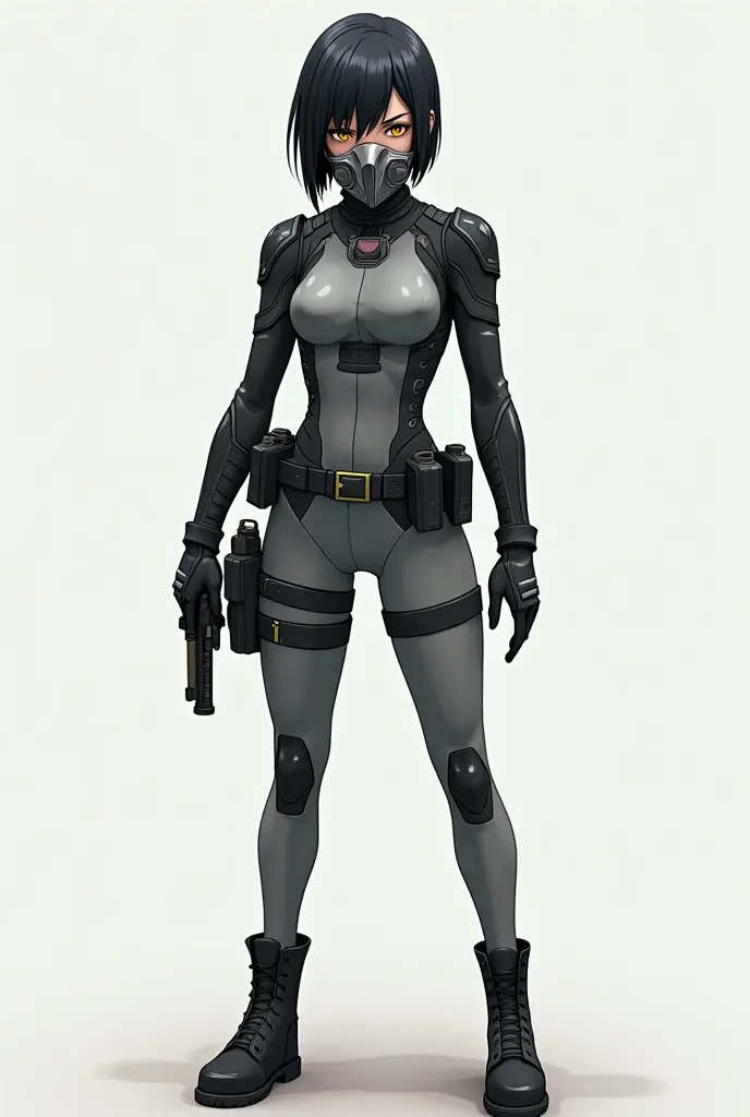 female adventurer white silver short bob hair cut, full body, game art style, (masterpiece), colorful clothing, scarves, leather belts, half skirt over pants and boots, flowing blouse and leather corset, best quality, highres, 4k, 8k, Detailed Illustration, intricate detail, cinematic lighting, amazing quality, 1girl, fit female, amazing shading, soft lighting, facing camera, perfect eyes, gantz suit armor torn apart, (grey background)