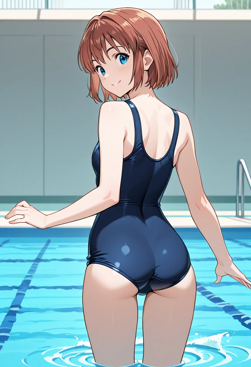 best quality, insanely detailed, miku nakano, one-piece swimsuit, breasts, blush, swimming pool background, back style, look into the distance