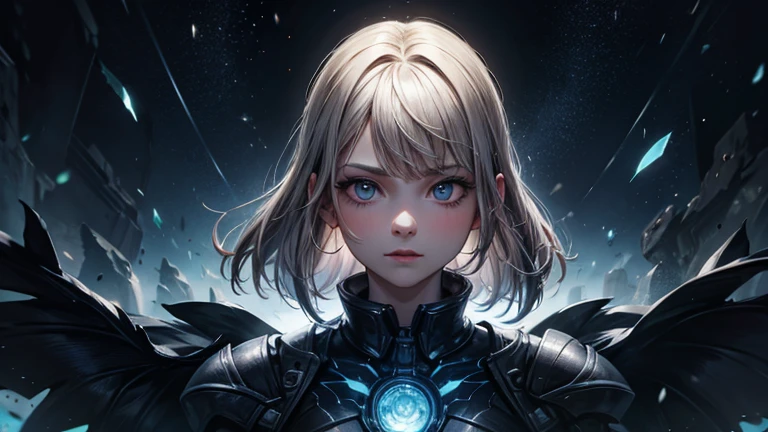 A beautiful woman. cute woman. Blonde, blue-eyed, short hair. Beautiful double eyes. The bridge of my nose. Well-shaped lips. eighteen. She is looking at the camera with a defiant expression. She wears beautiful silver-white armor. Behind her is an image of outer space and a string of planets.