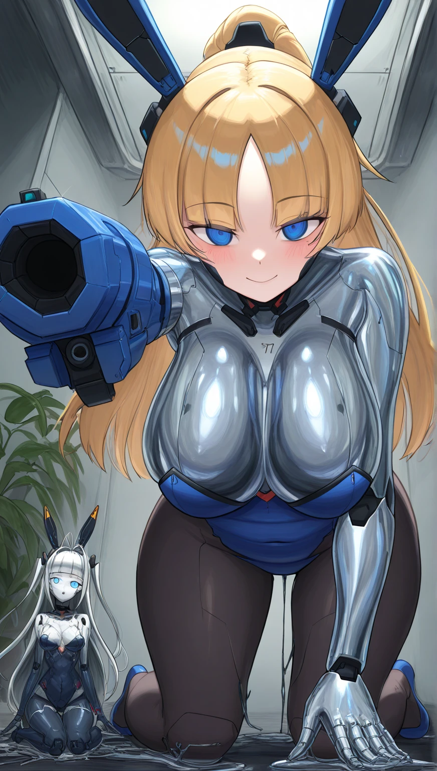 rensouhou-chan, shimakaze (kancolle), 1girl, solo, long hair, breasts, looking at viewer, blush, skirt, blonde hair, large breasts, simple background, hair ornament, thighhighs, gloves, white background, navel, hair between eyes, closed mouth, underwear, , collarbone, yellow eyes, pleated skirt, hairband, serafuku, sleeveless, elbow gloves, striped, white gloves, miniskirt, sailor collar, blue skirt, crop top, wet, neckerchief, sideboob, skindentation, highleg, black hairband, blue sailor collar, striped thighhighs, alternate breast size, microskirt, black neckerchief, anchor hair ornament