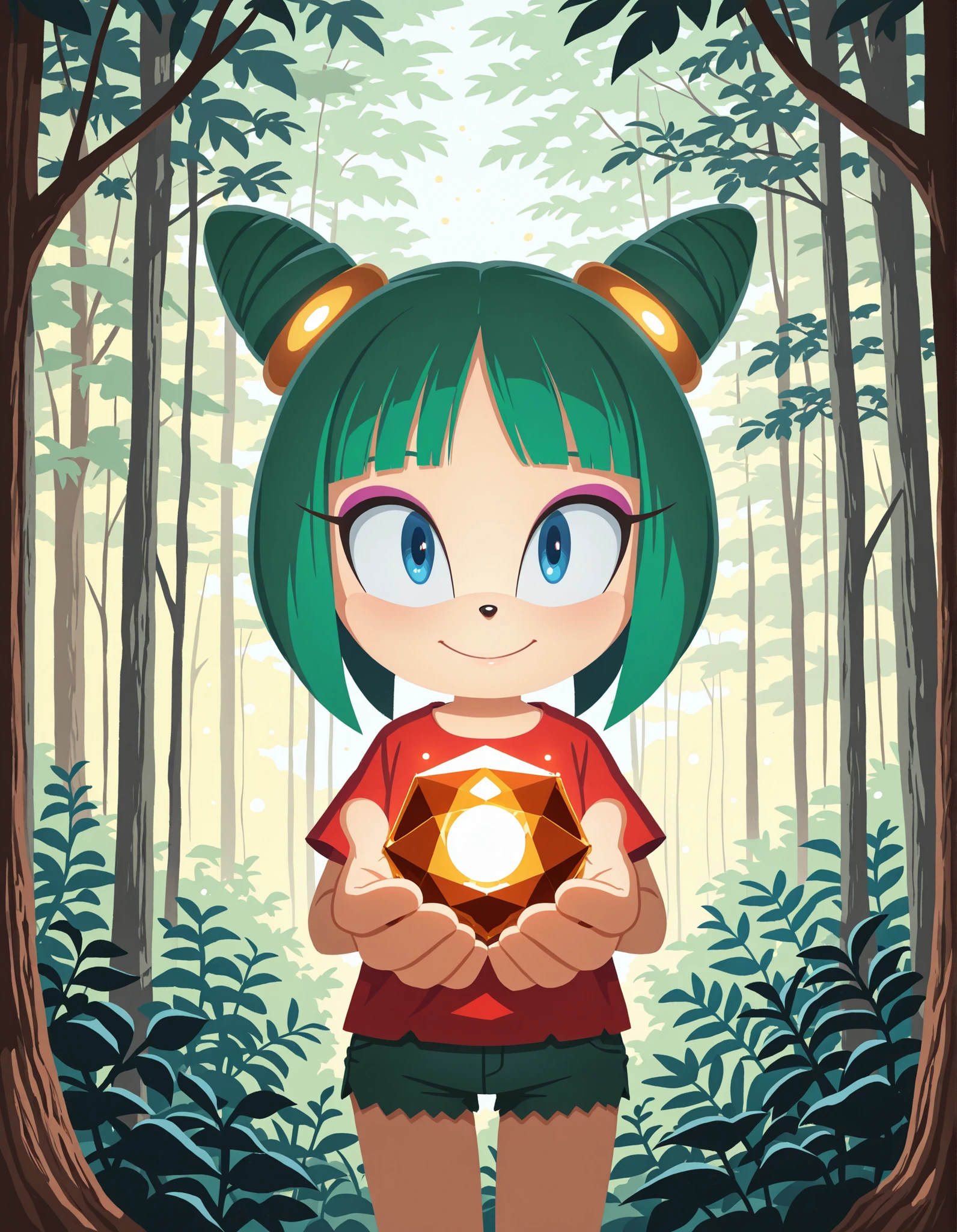 sonicchann3l, pencilsc, sonic (series),, (1girl, cosmo the seedrian), (extremely detailed CG unit 8k wallpaper),(master part), (best quality), (ultra detail), (best illustration),(ghibli style), cowboy shot, standing, facing viewer, looking at viewer, perfect face, perfect eyes, perfect fingers, (Sharp eyeliner, ombre, detailed eyes:1), digital art, Deep in the forest,Deep green forest,beautiful forest,Low light, break , upper body, solo, smile, (blue eyes, short hair, green hair, cone hair bun, shirt, short shorts)