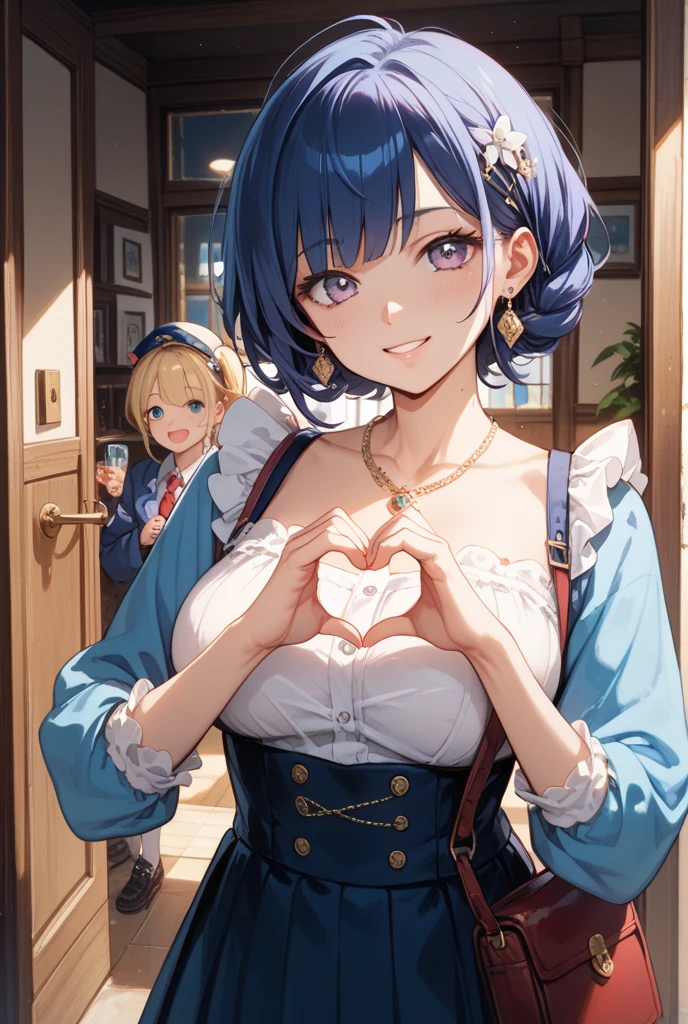 (2girls:1.5), (height_difference:1.5), (size_difference:1.1), (giantess:1.1), a giantess holding a tiny woman, work office, cleavage, (adult woman: 1.4), simple, simple lines, low contrast, cute, a tiny woman below the breasts of a giantess, hugging, breast press, (yuri:1.1)