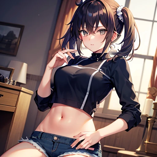 (masterpiece, best quality:1.2), full body, one girl, gray cat ears, green eyes, (dark skin), ((messy medium hair)), gray bra, black tight skirt, ((orange corset)), no background,