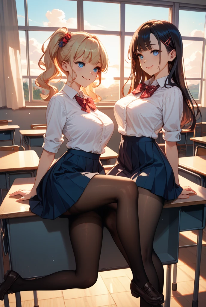 (award winning, 8k, super detailed, high resolution, best quality) , photography, (two girls), one girl with blonde hair, other girl with black hair, (sitting side by side at desk), ((beautiful girls)), set in classroom.