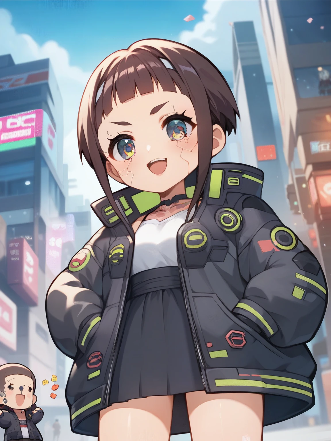 score_9, score_8_ up, score_7_ up, score_6_ up, score_5_ up, anime,nsfw, uncensored ,( chibi:1.3),A very young and cute girl from the anime girl is standing in front of a building wearing a dress and headband, digital Cyberpunk Anime Art , デジタル Cyberpunk Anime Art , anime cyberpunk art , cyberpunk anime girl, cyberpunk anime girl mech, anime style 4k, best anime 4K Kona-chan wallpaper , cyber school girl , Cyberpunk Anime Art , Animated Portrait of a Space Student Girl , future anime girl , armored_trooper, dreamy cyberpunk girl ,Pretty Cure Style,glitter,