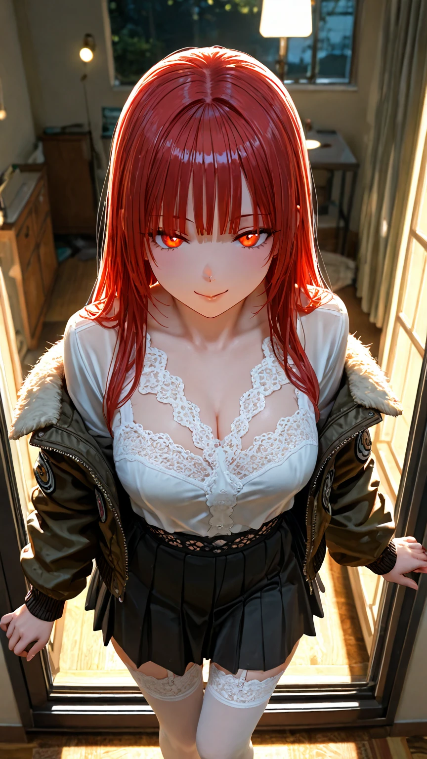 masterpiece, best quality, (extremely detailed CG unity 8k wallpaper, masterpiece, best quality, ultra-detailed, best shadow), (detailed background), (beautiful detailed face, beautiful detailed eyes), High contrast, (best illumination, an extremely delicate and beautiful),1girl,((colourful paint splashes on transparent background, dulux,)), ((caustic)), dynamic angle,beautiful detailed glow,full body, paint splash on face.  close up of a woman, anime girl with red long hair and blue jeans posing for a picture, realistic anime 3 d style, android 18, seductive anime girl, anime realism style, attractive anime girl,beautiful alluring anime woman, looking like Makima