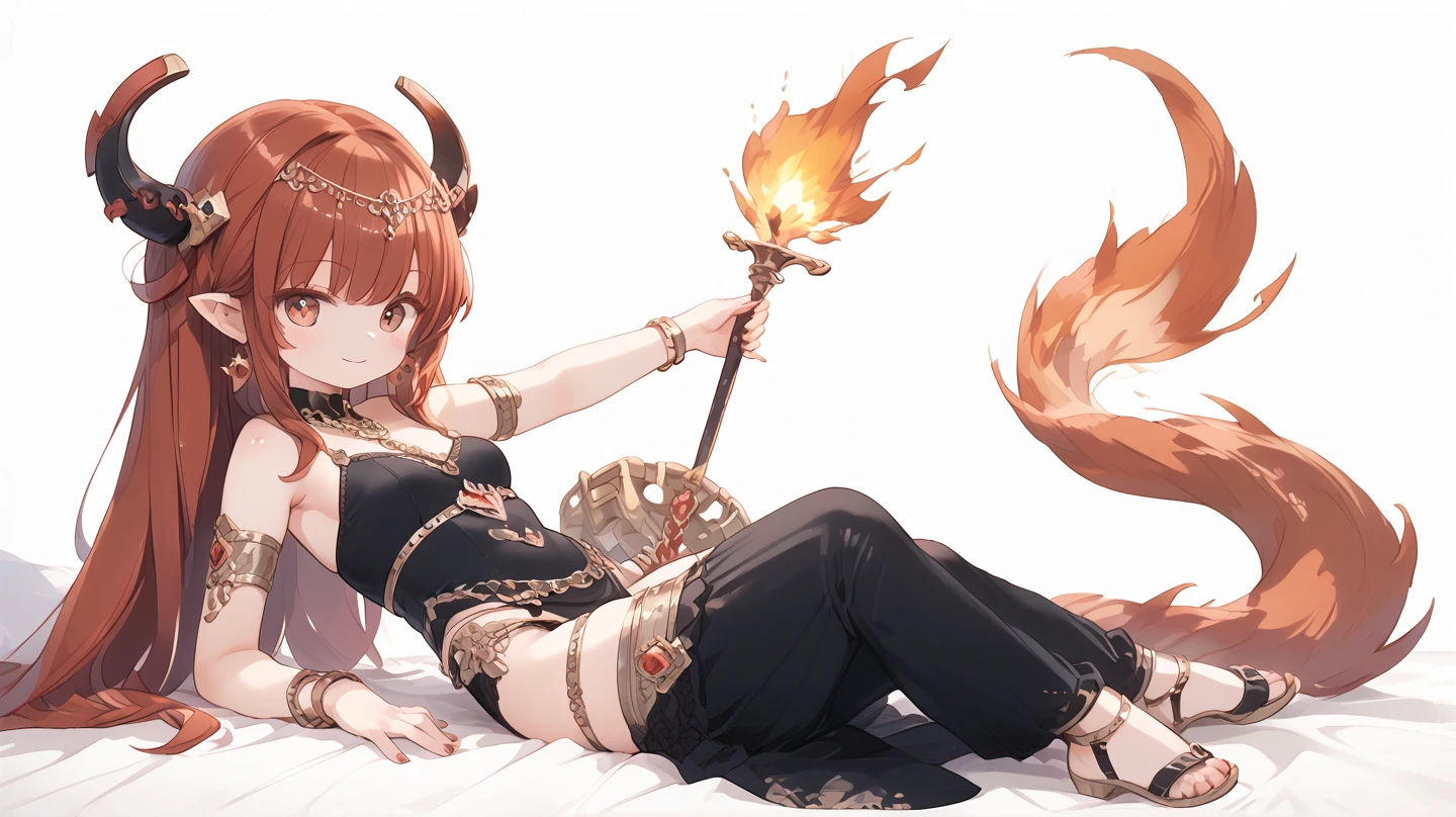 1girl,breasts,solo,fire,horns,long hair,jewelry,grey background,large breasts,red hair,barefoot,bracelet,simple background,cleavage,smile,red eyes,dress,looking at viewer,full body,anklet,hair ornament,armlet,braid,bare shoulders,hair between eyes,standing on one leg,white dress,bare legs,bangs,pelvic curtain,collarbone,sideboob,standing,tassel,closed mouth,no panties,blush,