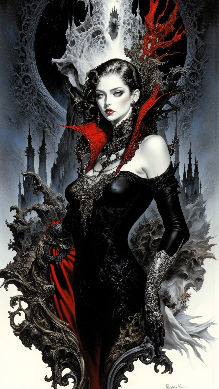 Dark fantasy art, fantasy art, goth art,  a picture of a female vampire, exquisite beauty, full body shot, dark glamour shot,  pale white skin, dark blond hair, long hair, wavy hair, (icy grey: 1.3) eyes,  she  wears a (red: 1.5) dress, ArmoredDress, the dress is decorated with (black: 1.5)  roses mad-neon-noir, betmd, high heels, dark castle background, porchm, RagingNebula