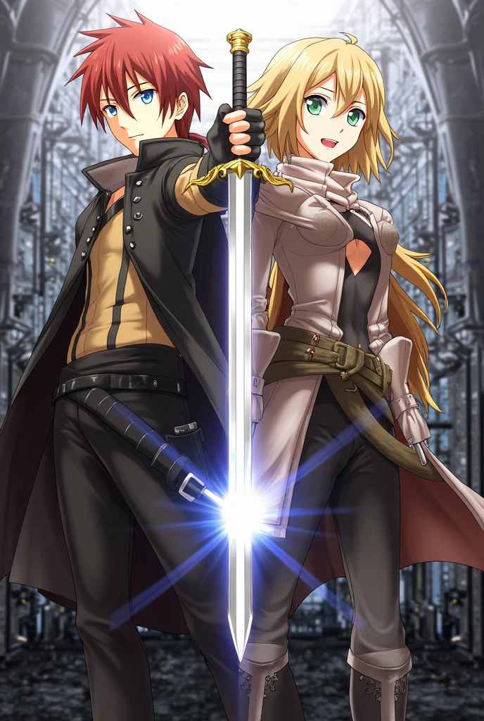 Two anime characters standing in front of a red sky, Characters of a portrait of the ruins of Castlevania,A blond man dressed in black and red leather was half-kneeling on the ground,Holding a glittering holy sword in his hand。,Female magician with brown hair and blue and white clothes,Bring the magic book to the audience,background is the ruins,highly details,Texture,8K,Master masterpieces,Highest image quality,Beautiful facial features