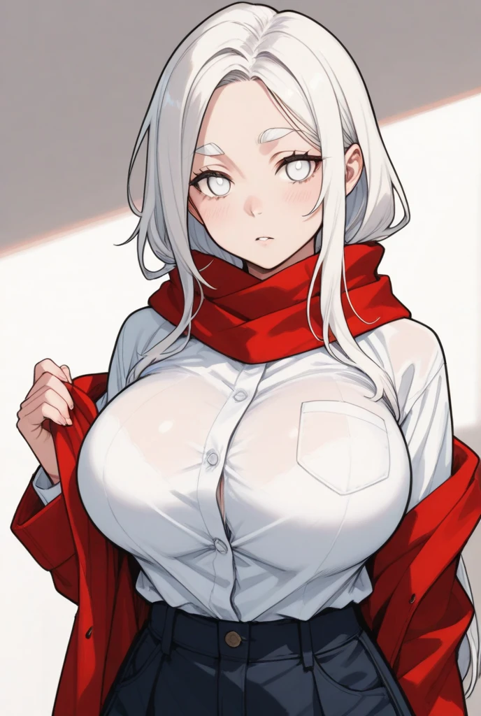 A small, sexy girl with white hair, enormous breasts, big hips, wearing pajamas and tight shorts, seductively, showing a shy expression on her face. The chest has grown even more.