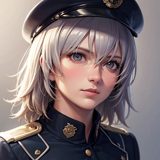 (Highest resolution, distinct_image) Top quality, woman, masterpiece, perfect beauty, high detail, frontal, upright, semi-realistic, silver mesh, short hair, silver mesh hair, bangs, 21 years old, mature, young, military uniform, courtesy attire, black uniform, black hat, first courtesy, staring at the viewer with cold eyes , low angle, escort mechanized soldier holding weapon behind