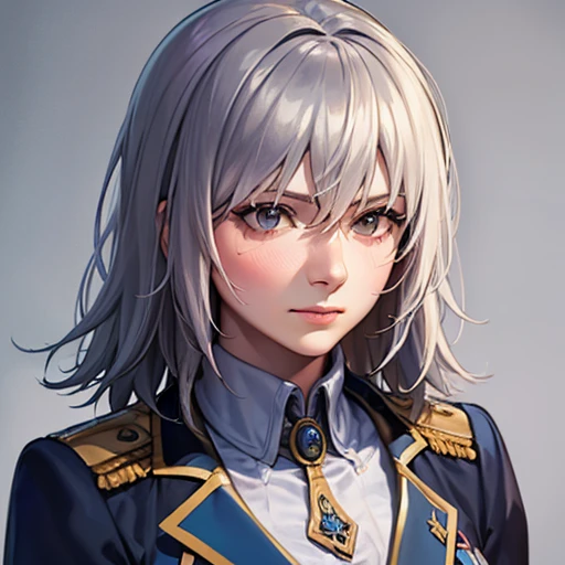 (vladilena milize)), gill support, poker face, long hair, grey hair, grey and sliver eyes, (bright and beautiful eyes), blue headwear, blue jacket, jacket, military, military hat, white shirt, military uniform, peaked cap, hat, blue skirt, background in the war fire, eye-level,((above-chest-view, fisheye, face-close-up, focus on face)), (anime AND realistic style:0.7:0.3), cinematic lighting, ray tracing, (face detail), ,(lens flare:0.8), ((masterpiece)), ((super detail)), (high details), (high quality), best quality, textured skin, accurate