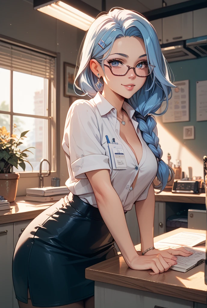 AGMM, 1girl, (Sharon Stone, blue hair, Yellow_Skin, Colored_Skin:1.2), wearing wet see-through school uniform, large breasts, reveal, covered, skirt, thighhighs. inside building, classroom, sunbeams, bokeh, sparkles, evening, smile, sexy smile, --auto --s2