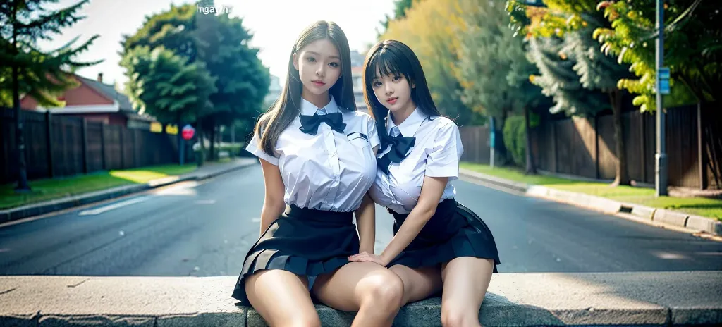 ulzzang-6500-v1.1, (highest quality, masterpiece), (raw photo: 1.2), (photorealistic: 1.4), highest quality, master, illustration, very tasty and beautiful, highly detailed CG, unity, 8k wallpaper, amazing, fine details, master masterpiece, best quality, official art, highly detailed CG unified 8k wallpaper, huge file size, Very detailed, high resolution, two girls, (snugly next to each other without separation between characters), (no breaks in a single piece), teens to thirties, (representation of the human body based on precise anatomy), intricate details, ((Japan is wearing a schoolgirl uniform with a shorter skirt length)), (neat white blouse and super mini navy blue pleated skirt), blonde, ((very large breasts )), (woman with very big), (blouse cramped and braless because of big), (big buttocks), (thin thighs), very beautiful eyes, bright ultramarine eyes, (detailed pupils reflecting light), (iris of the eye is painted with fine patterned details), natural eye shadow, realistic shading assuming a light source on the body, cute girl and mature beauty, whitening skin, baby face, (various poses before and after standing or squatting or sleeping), poses that emphasize buttocks, blush, do not want to hide the buttocks, ecstatic expression, troubled expression, smile, many races, show off plump ass, people who want to show off their ass, (pull up the skirt), panties visible, (white panties), (sit and open legs), ((touch panties with folded middle and ring fingers)), Naked buttocks, backward posture, long hair braided in part, hugging and touching cheeks with people next to each other, holding hands, touching the cheeks of other subjects, (no matter what pose, the skirt is always twisted by the wind or hands so that the pants or buttocks are fully visible), NSFW, beautiful garden with flowers, clear sunlight,