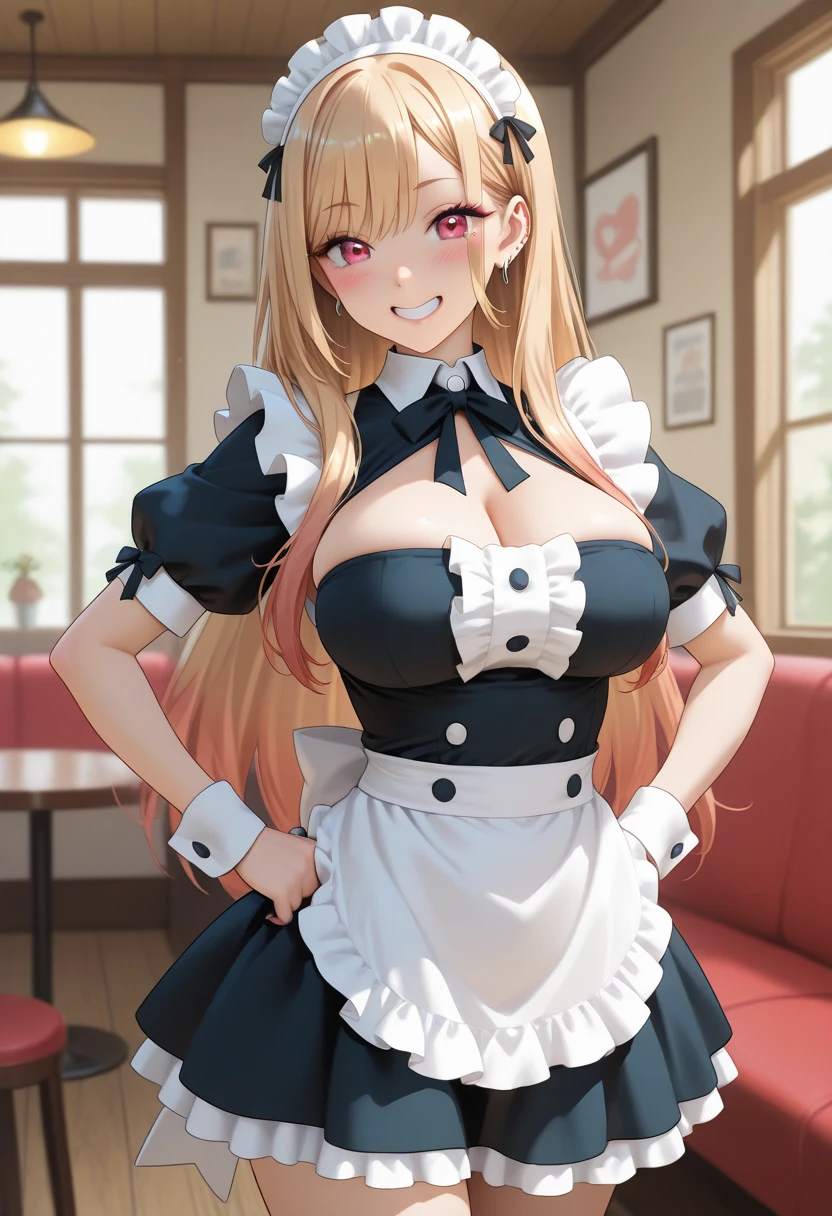 beautiful girl、Maid Cafe、Maid clothes、Upper body is shown、Dazzling smile、