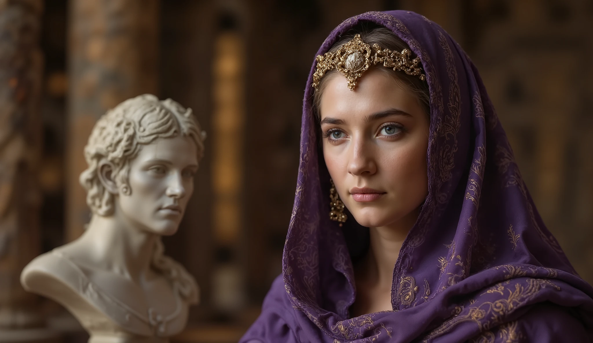 Roman queen in dramatic close-up, piercing gaze of stoic wisdom. Deep purple royal robe with imperial gold embroidery, flowing fabric elegantly framing her face. Discreet diadem with cameo of Marcus Aurelius. Facial expression combining radiant youth and quiet grandeur. Perfect golden light enhancing skin texture and sparkle in eyes. Small bust of Epictetus partially visible at her side. Background completely blurred. Extremely shallow depth of field. Ultra HD cinematic visual quality.