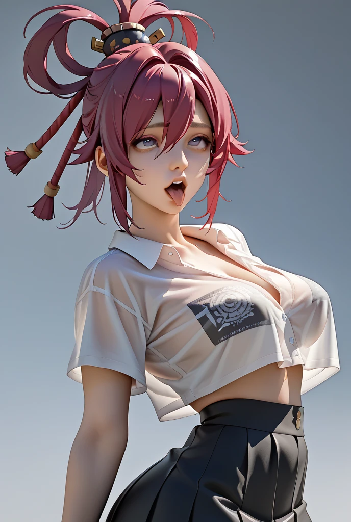 a beautiful tall girl with short anime style hair, detailed red tank top, open mouth, blue pants and belt, highly detailed, photorealistic, cinematic lighting, 8k, ultra-detailed, masterpiece