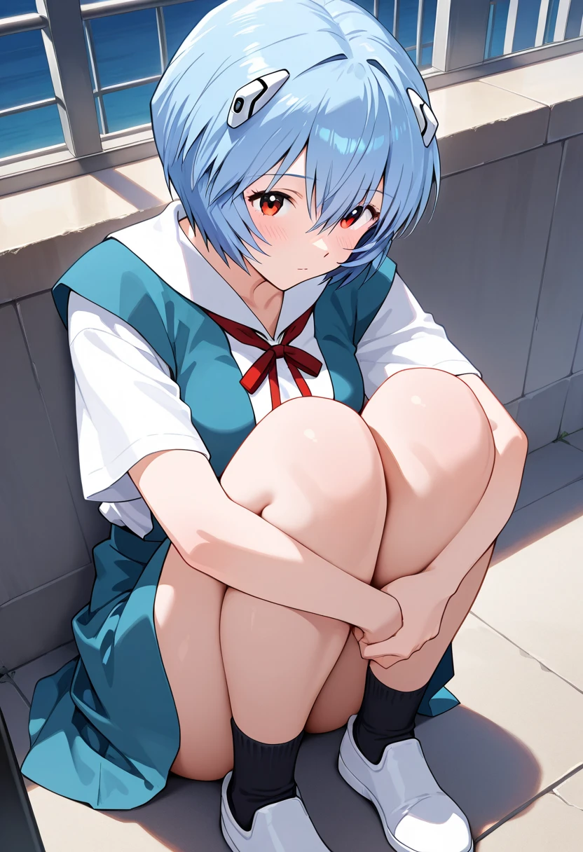 reiayanami, rei ayanami, blue hair, short hair, (red eyes:1.5),make the head smaller、 ((she is wearing a middle school uniform, Slim and fit, With subtle blue accents)),bite,  midnight、Standing on the stairs of an abandoned concrete building、 Blake is looking at viewer, Blake is (pieces fly:1.2), dark lighting、highest quality, High resolution, unity 8k wallpaper, (figure:0.8), (beautiful and fine eyes:1.6), highly detailed face, perfect sentence, Detailed CG, (perfect hands, perfect anatomy),((spread your legs:1.3))((white panties)),Angle looking up from far down the stairs.、