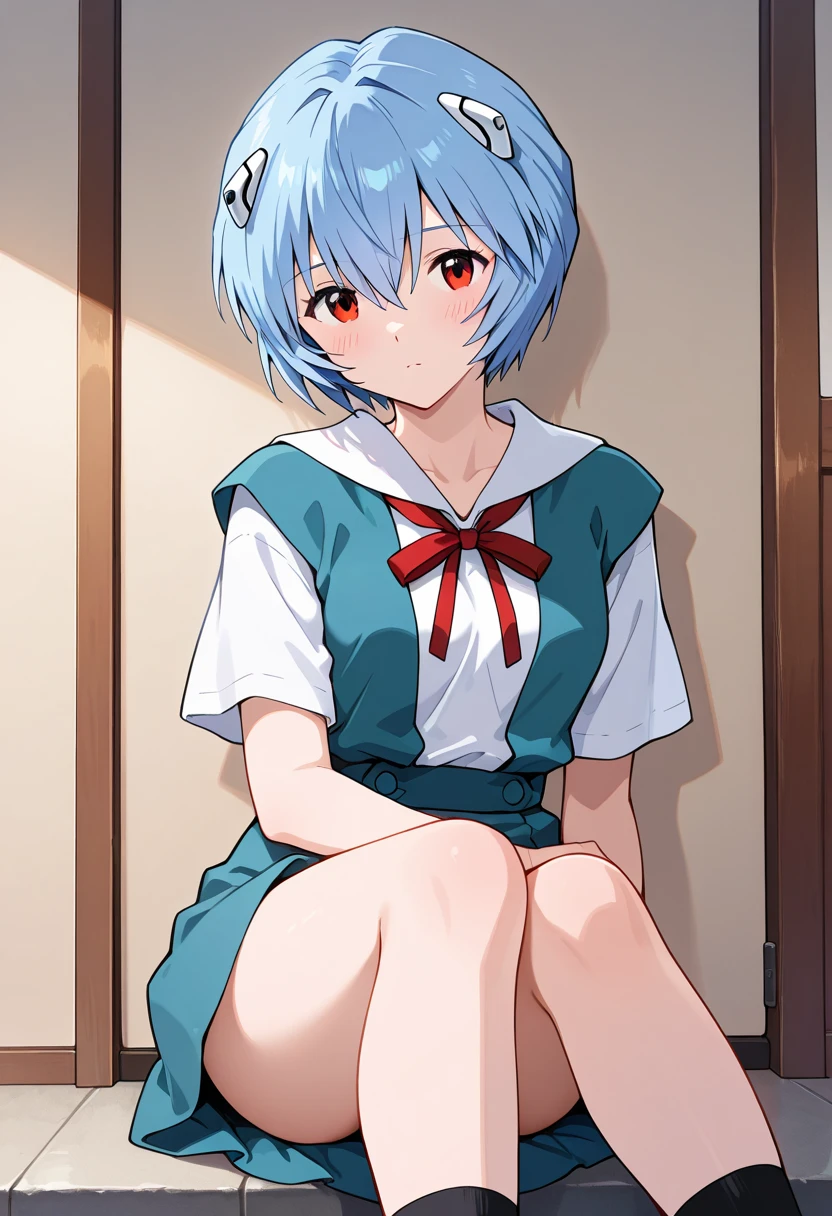reiayanami, Rei Ayanami, Blue hair, Short hair, (Red Eyes:1.5),Smaller head、
((she is wearing a middle school uniform, Sleek and fit to the body, With subtle blue accents)),Headgear,
BREAK outdoors, city,
BREAK looking at viewer,
BREAK (masutepiece:1.2), Best Quality, High resolution, Unity 8k壁纸, (Illustration:0.8), (Beautiful detailed eyes:1.6), extra detailed face, Perfect Lighting, extremely details CG, (Perfect hands, Perfect Anatomy),((Spread your legs apart:1.3))((white panties))((Sitting on the stairs of an abandoned concrete building:1.2)),