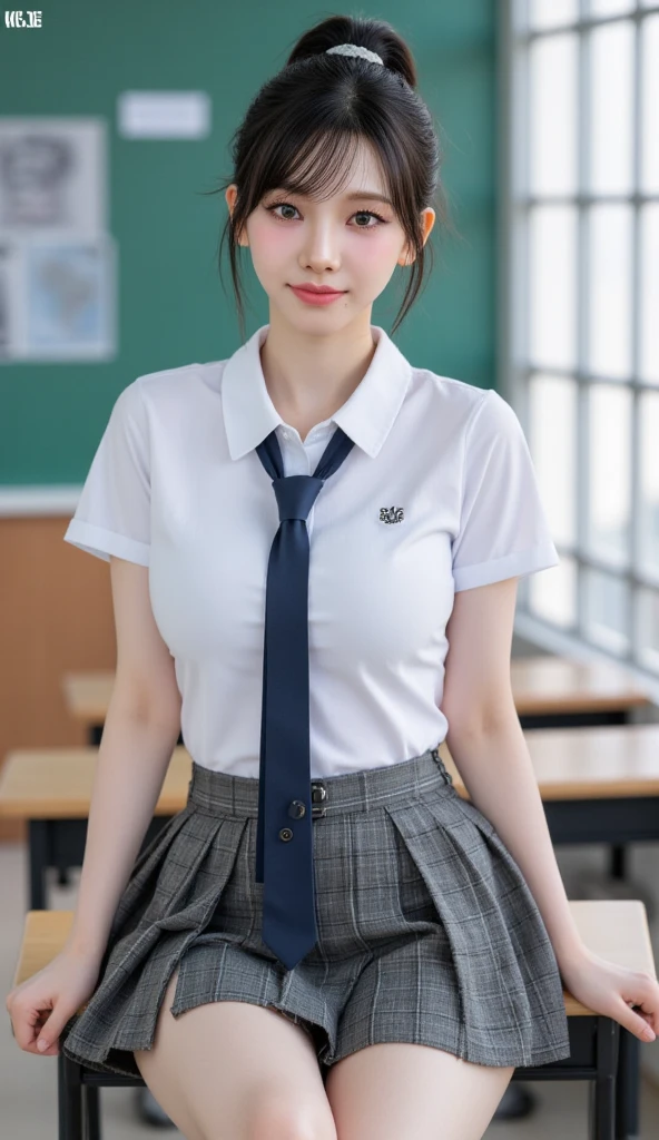 masterpiece, best quality, illustration, Super detailed, fine details, High resolution, 8K,wall paper, perfect dynamic composition,(Details High quality, realistic depiction of eyes:1.3), (white school shirt :1.2), (plaid skirt :1.3), tie black, black thigh-high stockings, sitting, open legs, ponytail, in a classroom, blackboard in the background, deep on field, large breasts, black hair color, Big Natural Color Lip, (perfect body shape), crying a little、Harajuku style、20 year old girl、cute type、lolita、beautiful legs, Gravure Idol