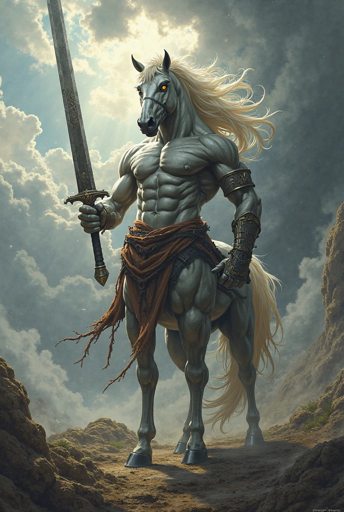 Half-beast with the body of a horse and the upper body of a human、A half-beast warrior with the upper body of a human and the torso of a horse.、There is no horse's head, but a warrior's body、Rin々Young man:1.5、Topknot