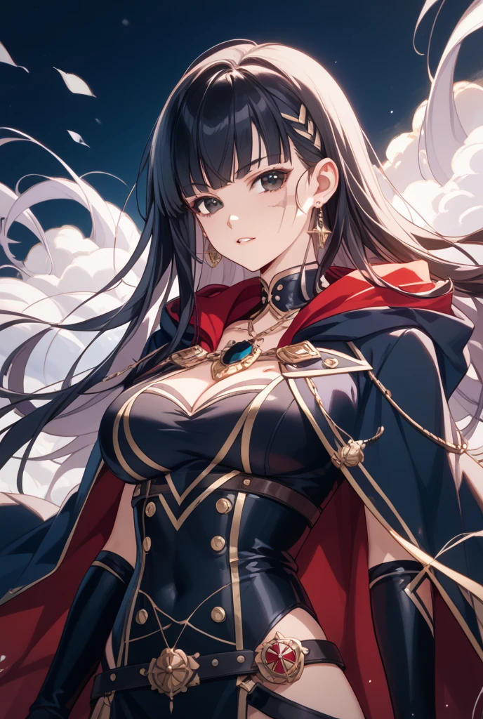 (8K、top-quality、masterpiece:1.2)、(realisitic、ultra-detailliert、超A high resolution、1 girl,beautifull detailed face,perfect body,((layered hair,long black hair)),((daytime)),Constriction、(Slim waist) :1.3)、Beautiful detailed skin、Skin Texture、Floating hair、Professional Lighting,stately mansion,(Whole human body:1.0),long shot,,embroidery breastplate ,metal accent cape,thighhighs,cleavage,full-face blush,ecstasy
