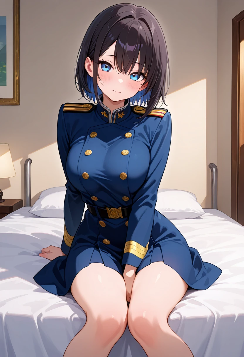 Blue hair short、blue eyes、policewoman:1.5、Ultramarine police uniform、indoor、Beautiful breasts、Sweaty、blush、Luxury hotel at night、Table lamp lighting、On the bed、sexy,Spread your legs、skirt、Cloudy liquid on the skin、 Obscene lines、erotic, 18+, Late teens、thin waist and limbs、Low - Angle、(highest quality),(High resolution),(full intricate details),(Full and detailed face),(Very high quality artwork),(Extremely detailed 8K CG),((Perfect piece) ), (((masterpiece))), Perfect Face、One Woman、（White mucus dripping from between her legs:1.5、Exposed genitals:1.5、white mucus drips from the genitals,:1.5）