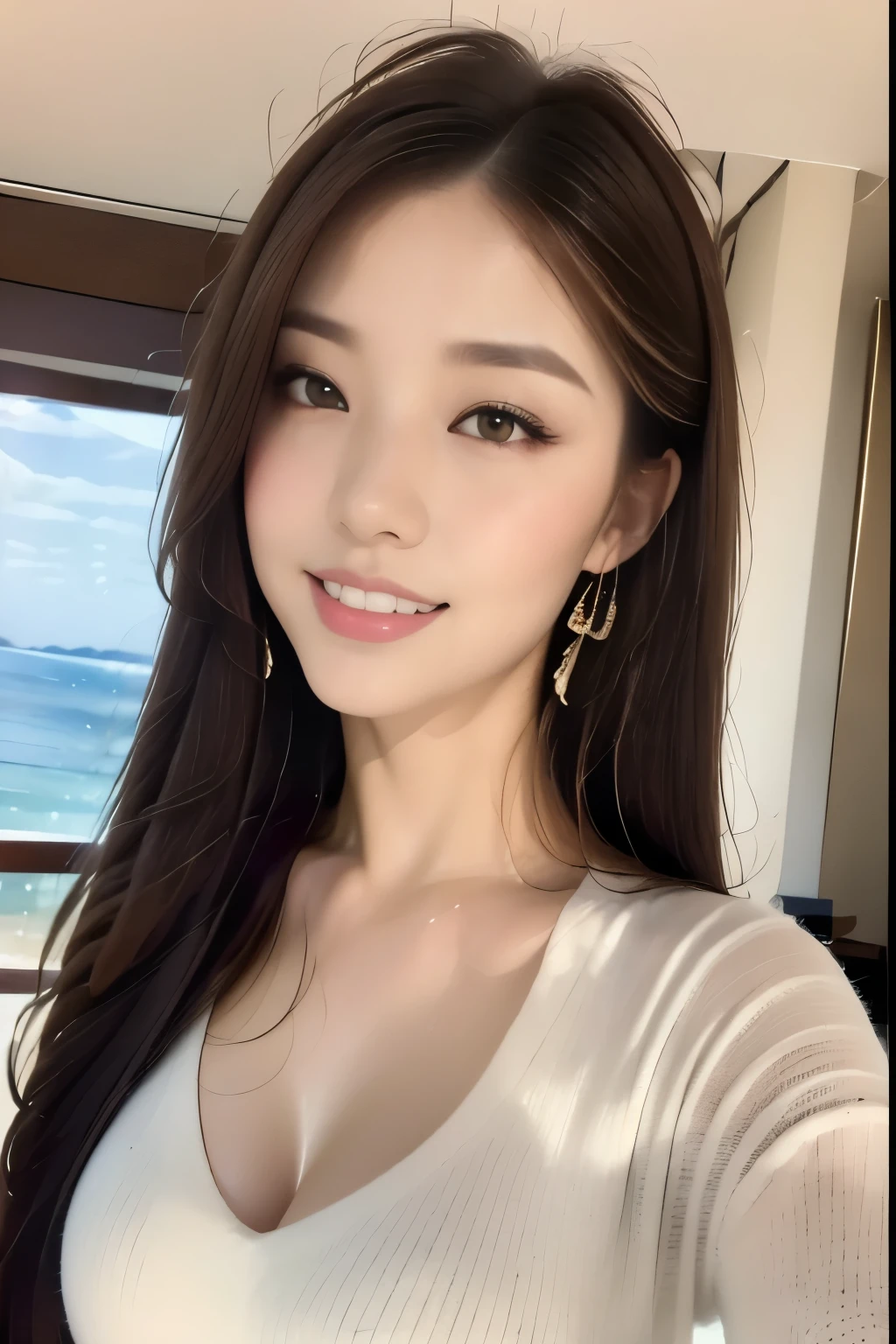 ((highest quality, 8k, masterpiece :1.3)), One girl, Selfie, close, Affectionate smile, Slim face, Beautiful woman, (Dark brown hair), Big Breasts:1.3,White full-length dresses :1.1, Highly detailed face, Fine grain, double eyelid,  Blur the background, Slim face, city, outside, street, sunny, null, nature