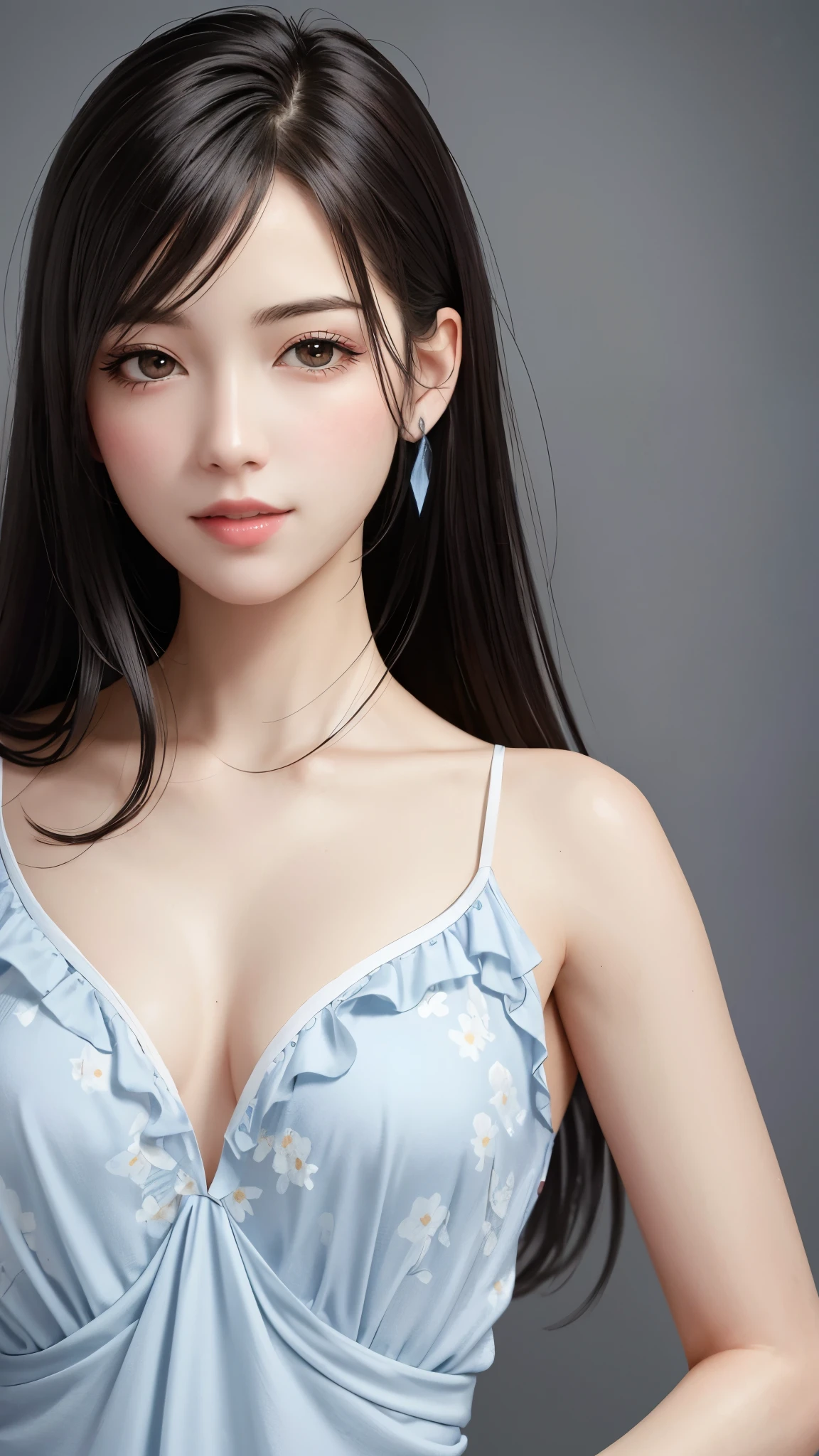 （Very delicate and beautiful：1.2）Supermodel,,Big Breasts,Beautiful breasts,Tight waist、Small Ass、Sensual,highest quality, High resolution, 8k,, Sharp details, bikini、21 years old、smile、Slim figure、Black Hair、Long Hair、bangs、Resort、blush、Sexy look