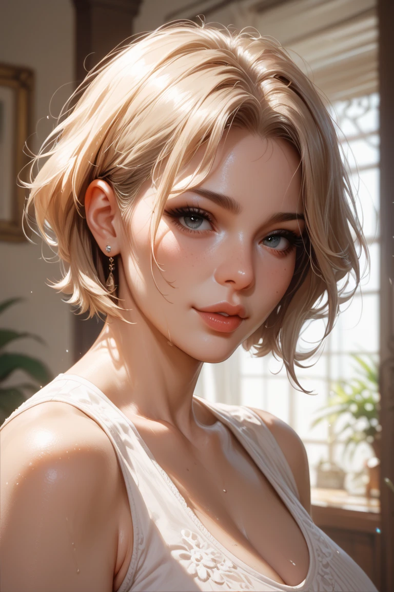 Best Quality, Ultra High Resolution, (Photorealistic: 1.4), Beautiful eyes, Super beautiful, Very short hair, Beautiful, Lovers, T-shirt with rough chest, Beautiful Soldier, An eye that invites the viewer, Lover's perspective, inviting expression, Sexy smile, Perfect Style, Perfect balance, Detailed skin, Naughty gaze, Chest visible,Face-up Focus,