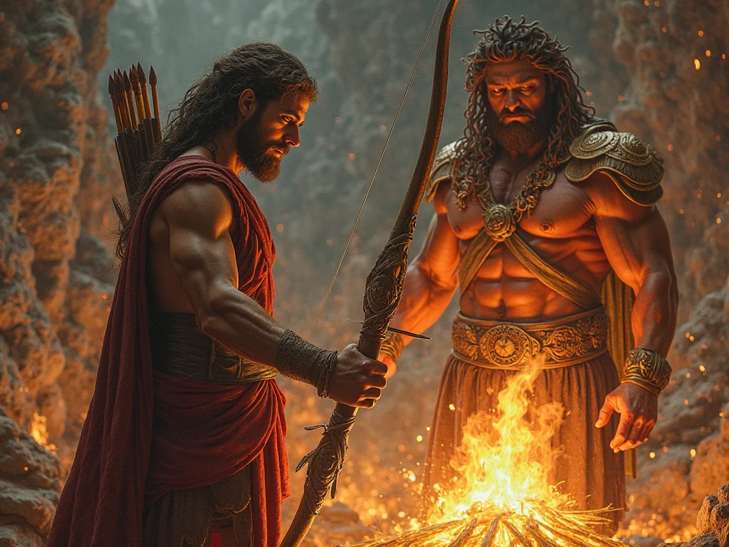 Characters: Prometheus, Hephaestus - Description: Prometheus sustrae el fuego de la forja de Hefesto
- Época: Greek Antiquity - Clothing: Greek Tunics and Sandals - Place: Hephaestus' Forge on Mount Olympus - Action: Prometheus toma el fuego mientras Hefesto está distraído
- Fondo: The forge, Tools and Flames - Plan: Medium shot - Style: hyper-realistic, Photo realism, cinematography
