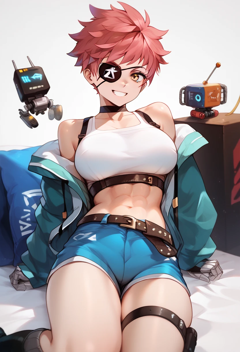 sleeping,bed,robotgirl,{thick eyeblows},very short hair,brown hair,red sunglasses,blue jacket,black hot pants,{cool},cybercity{background:1.3},{masterpiece},{highquority},{best detailed},{perfectface},{perfectbody},midnight,beautiful background