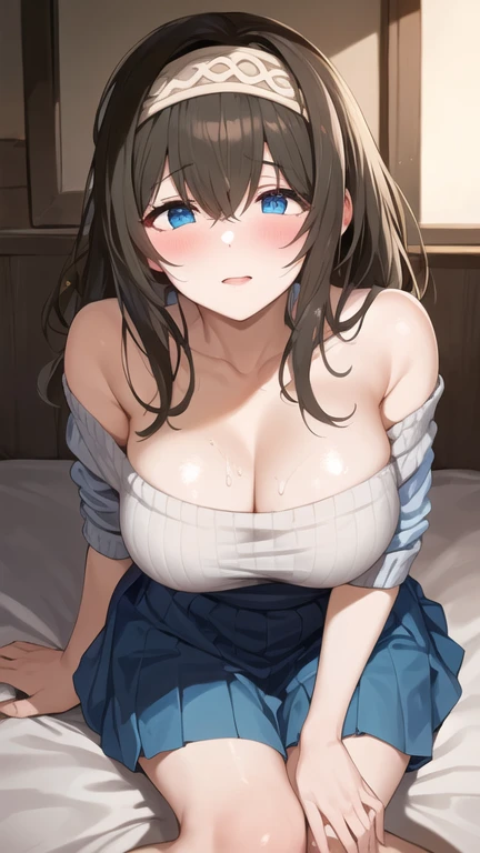 (masterpiece, best quality), nsfw, 1girl,looking at viewer,(upper body:1.5),(looking down:1.5),(excited,orgasm:1.7),(from side:1.3),(from below:1.5),
BREAK,
(braided bangs,brown hair:1.5),(large breasts:1.5),(large areolae:1.5),, serafuku, sailor collar, white shirt,over-kneehighs,(open clothes:1.4),
BREAK,ultra detailed blue eyes,(tareme:1.3),(half closed eyes:1.5),sleepy,
BREAK,(lying on bed,spread legs:1.5),(embarrassed,blush:2),(bukkake:1.3),(hetero:1.5),(vaginal sex:1.8), (bedroom,on bed:1.2)