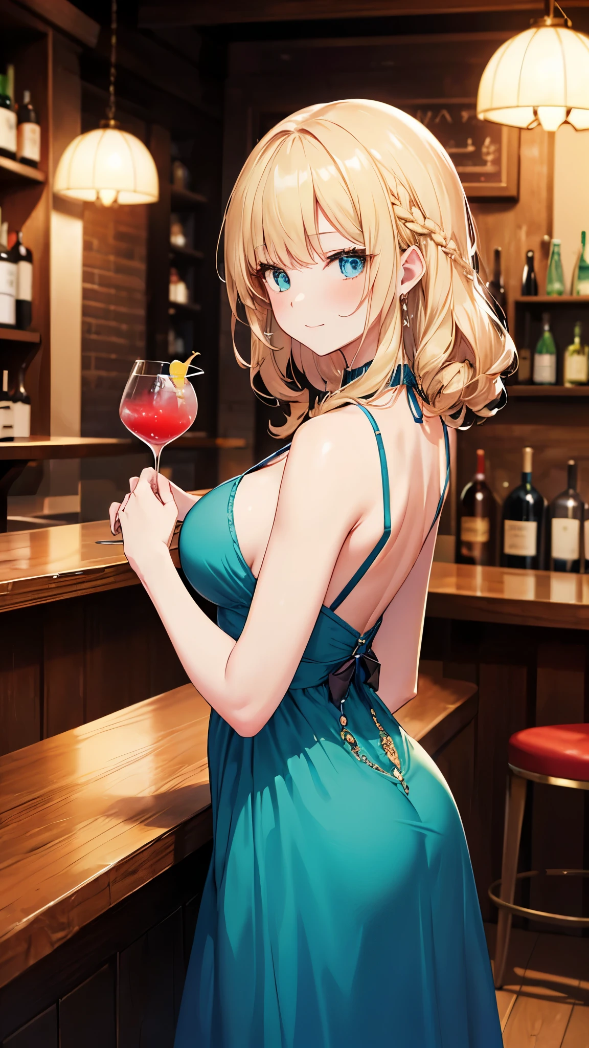 (masterpiece, best quality:1.2), (high resolution, 8K RAW photo, photo realistics, clear focus, weak outline:1.3), (cinematic lighting, moody, textile shading), pov, (solo:1.5), 1 matured woman, 24 years old, (milf:1.5), ((nfsw:1.5, small breast:1.3, breast cleavage:1.2, harass sexually, in heat, presenting)), ((Bright beautiful eyes with highlight:1.3)), (sitting a stool in night BAR counter, lying face down on the counter with putting arms on the counter top, looking at viewers, holding a cocktail glass), raised sexy, (little happy smile:1.3, shamed), light purple mesh on silver hair, medium long hair, hair over one eye, asymmetric hair, half updo hair, blue eyes, wearing blue sexy party dresses:1.1, long skirt with side slit, wearing green see-through shawl around your upper arms, (Luxury detailed accessories, necklace, earrings, Bracelets), bokeh, dynamic angle, upper body:1.2, close-up face:1.5, face focus, from side:1.2, (correct anatomy:1.6, ideal ratio of body proportions, correct hand:1.5, small hands), in a night,
