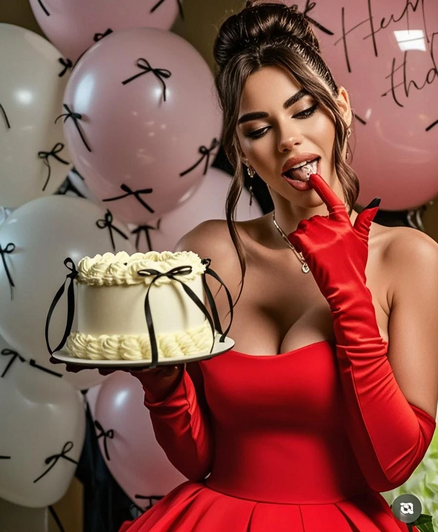 A beautiful girl,brune,long hair,elaborate dress,sexy dress,Birthday cake in both hands in beautiful restaurant