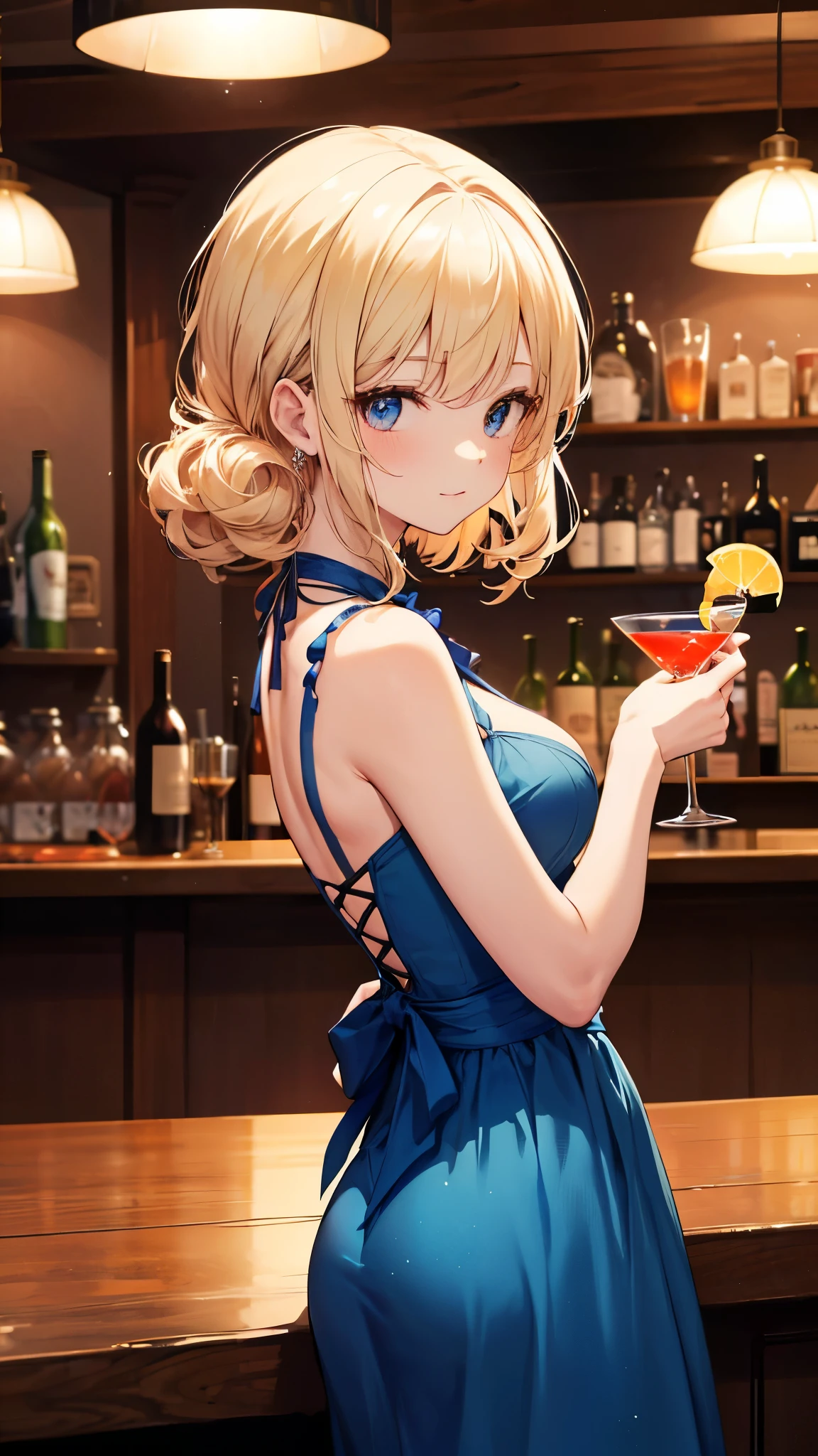 (masterpiece, best quality:1.2), (high resolution, 8K RAW photo, photo realistics, clear focus, weak outline:1.3), (cinematic lighting, moody, textile shading), pov, (solo:1.5), 1 matured woman, 24 years old, (milf:1.5), ((nfsw:1.5, small breast:1.3,  breast cleavage:1.2, harass sexually, in heat, presenting)), ((Bright beautiful eyes with highlight:1.3)), (sitting a stool in night BAR counter, lying face down on the counter with putting arms on the counter top, looking at viewers, holding a cocktail glass), raised sexy, (little happy smile:1.3, shamed), light purple mesh on silver hair, medium long hair, hair over one eye, asymmetric hair, half updo hair, blue eyes, wearing blue sexy party dresses:1.1, long skirt with side slit, wearing green see-through shawl around your upper arms, (Luxury detailed accessories, necklace, earrings, Bracelets), bokeh, dynamic angle, upper body:1.2, close-up face:1.5, face focus, from side:1.2, (correct anatomy:1.6, ideal ratio of body proportions, correct hand:1.5, small hands), in a night,