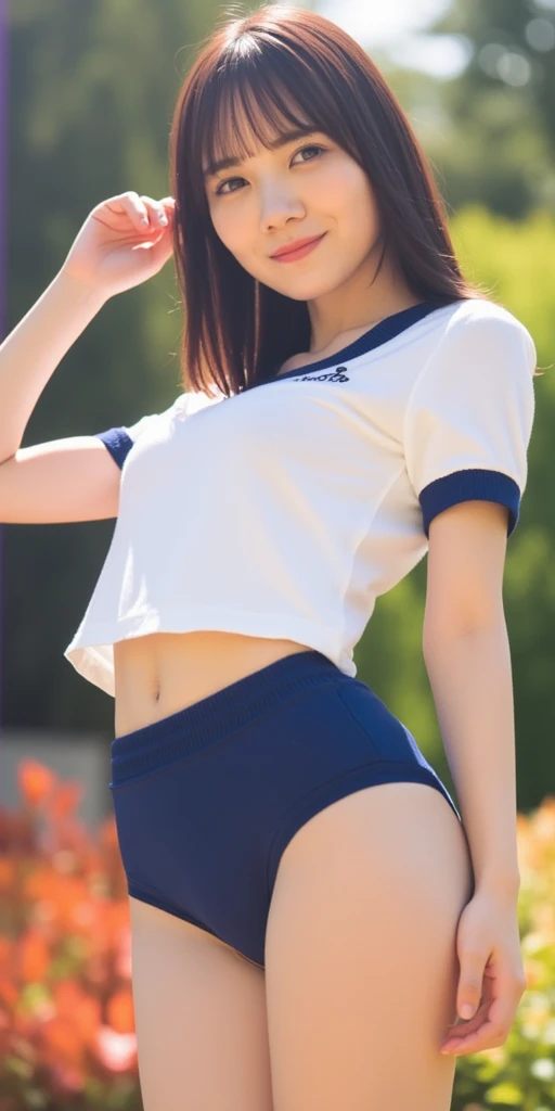 (masterpiece:1.3), (8K、Realistic, RAW Photos, Highest quality:1.2), (alone), (1 Girl), (cute:1.3), (Very beautiful 14 year old Japanese girl), nice smile, Red cheeks, (Skin with attention to detail: 1.2), Photorealistic Anime Girl Rendering, Realistic anime 3D style, Beautiful brown bob hair, Intense black eyes, Strong eye highlights, (Accurate and natural large breast size), Perfect Anatomy, Twin Blade , (Bloomers), (Old fashioned sportswear), (White tight short sleeve shirt, Dark blue short tight shorts), Accurate Arm, Five Fingers, Accurate legs, On the bench, get up, Bloomersを見せびらかす, Small area sportswear, Volumetric lighting, Soft Light, bright, neon, bright色